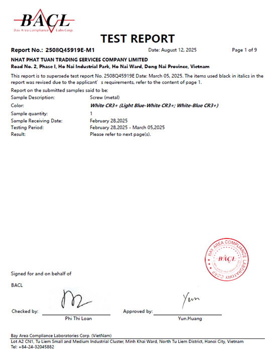 Báo cáo kiểm nghiệm BACL Vít CR3+